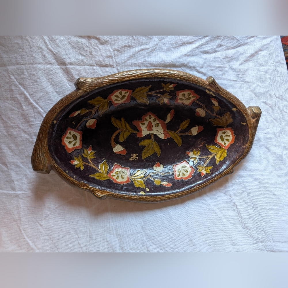Vintage Black Floral Decorative Tray with Gold Trim